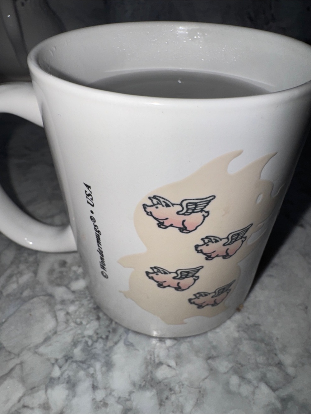 White Ceramic Mug color changing, black, pig Silhouette into flying pigs - Picture 9 of 9